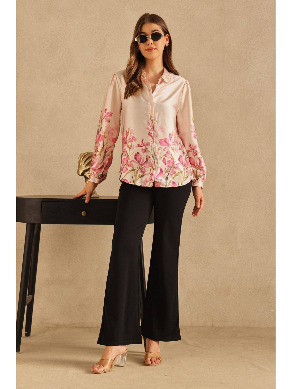 Beige Placement Print Satin Shirt | S67 - view 6