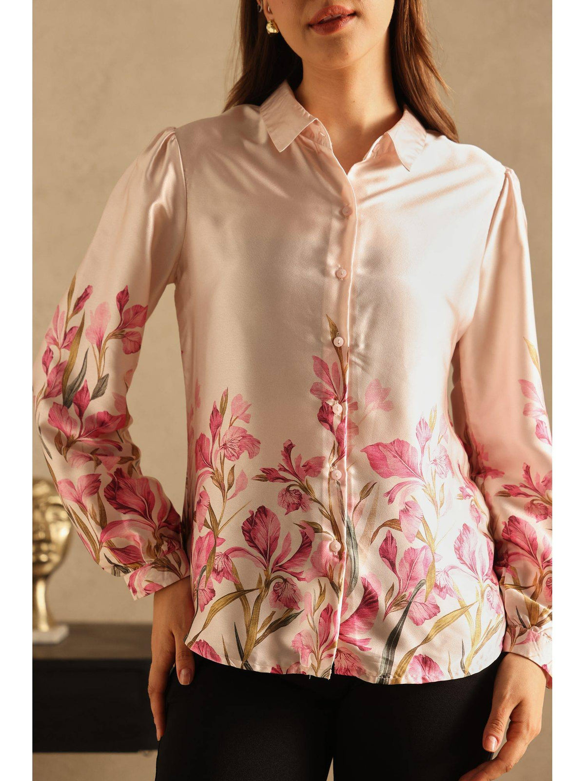 Beige Placement Print Satin Shirt | S67 - view 7