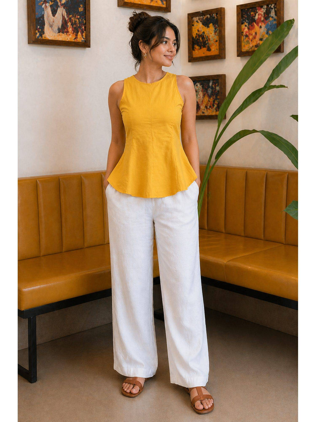 Yellow Cotton Sleeveless Peplum Top | pt51 - view 2