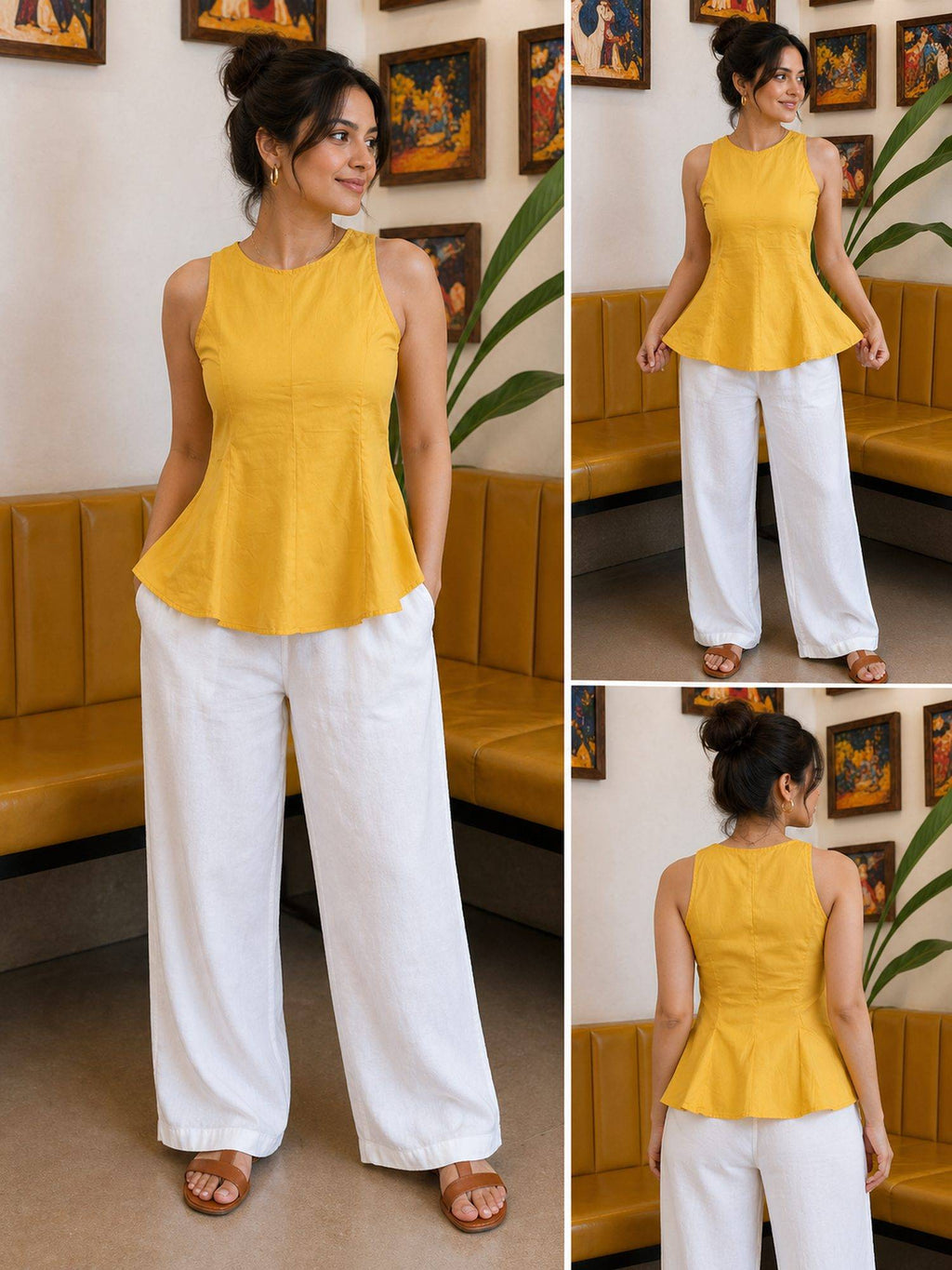 Yellow Cotton Sleeveless Peplum Top | pt51 - view 3