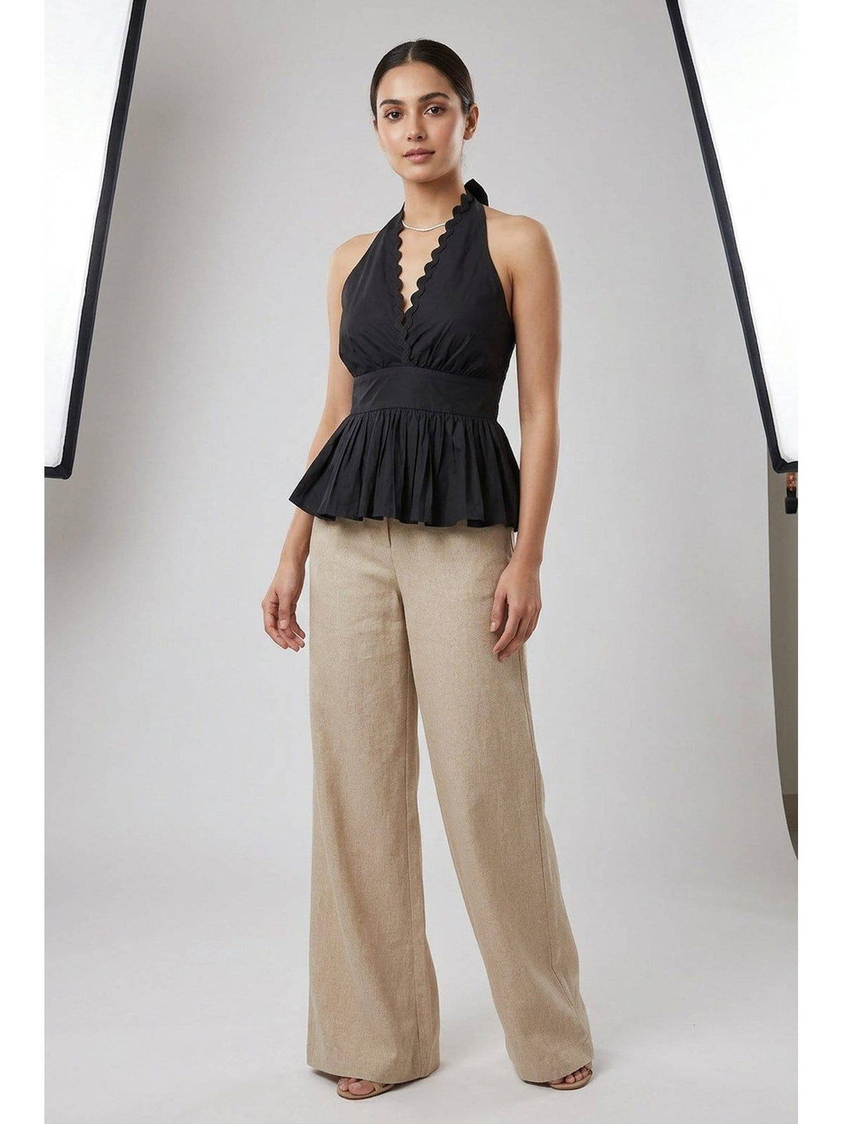 Midnight Muse Black Cotton Halter Peplum Top | HT67 - view 1