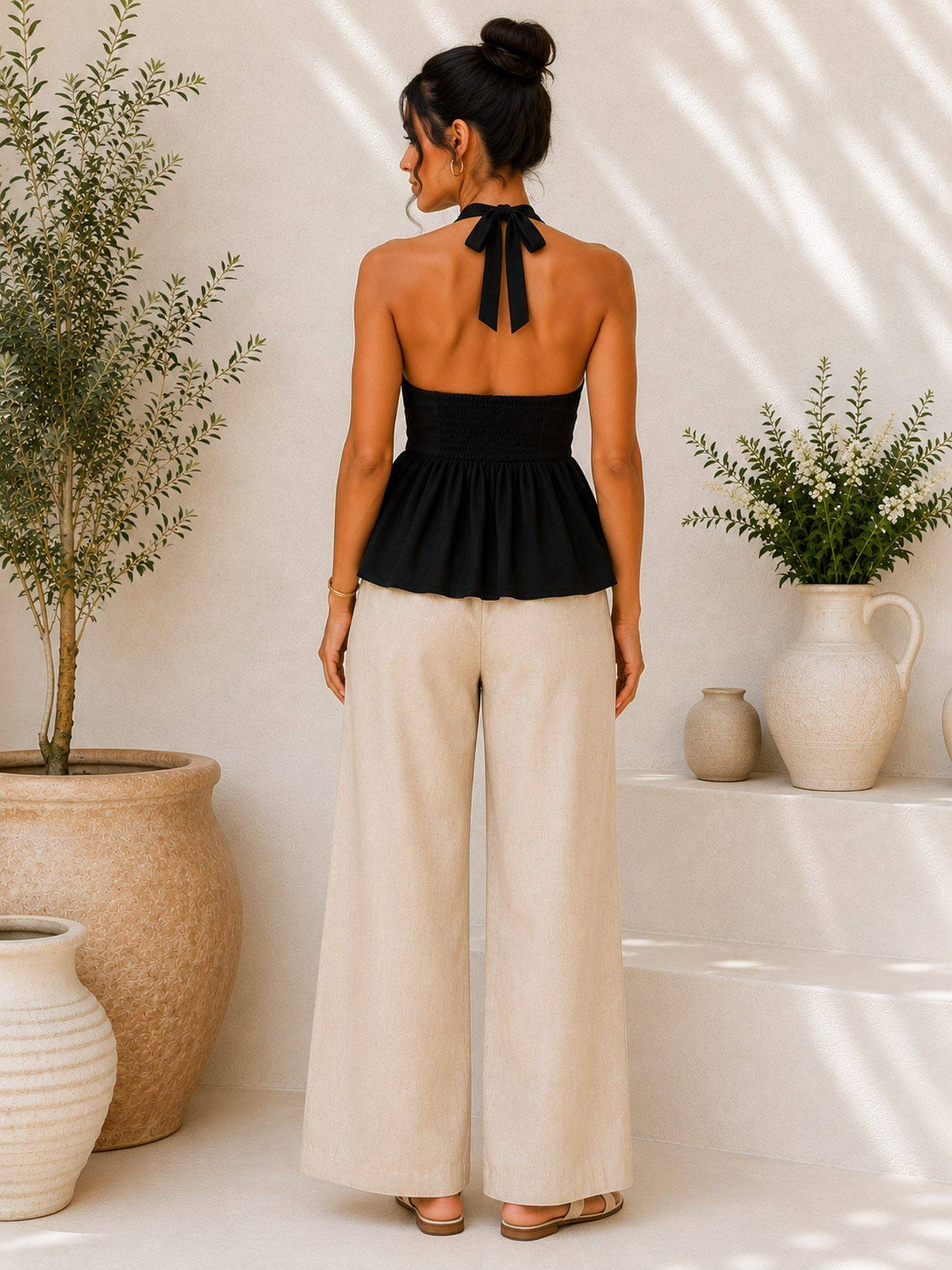Midnight Muse Black Cotton Halter Peplum Top | HT67 - view 2