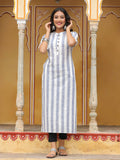 Blue & White Striped Straight Yarn Dyed Cotton Kurta | KDG - view 1