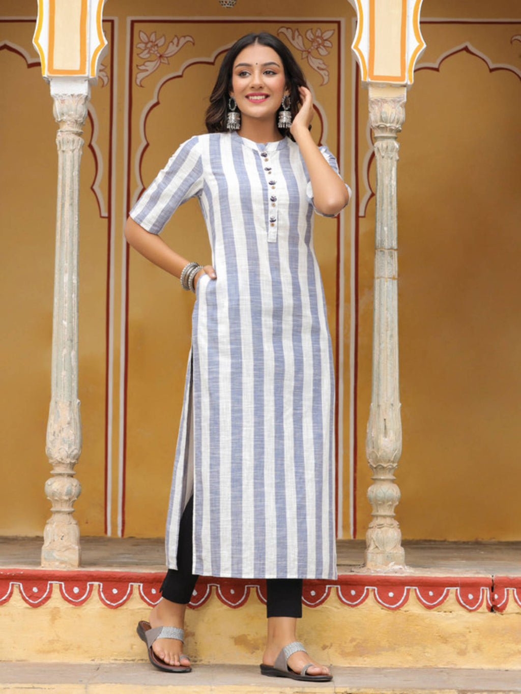 Blue & White Striped Straight Yarn Dyed Cotton Kurta | KDG - view 2