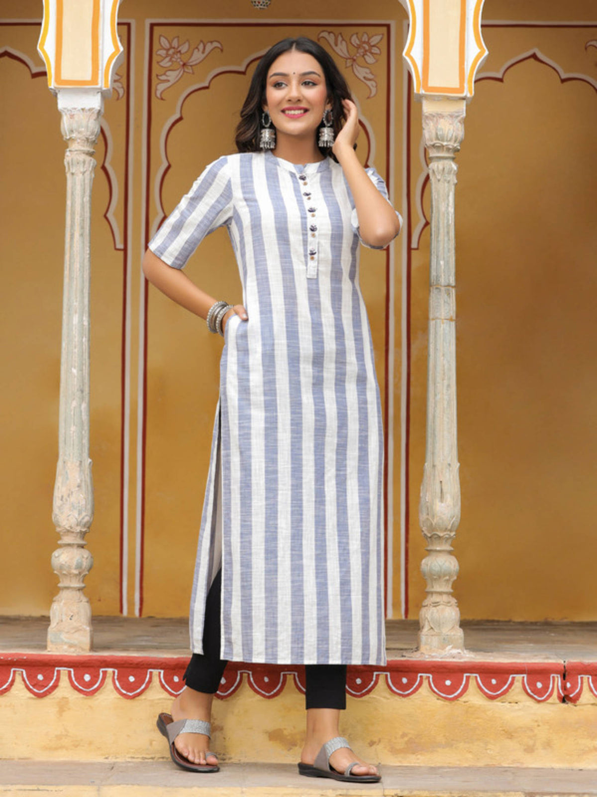 Blue & White Striped Straight Yarn Dyed Cotton Kurta | KDG - view 2