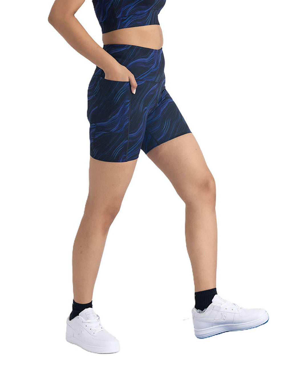 Cosmic Waves High Waist Gym Stretchable Shorts with 2 Side Pockets - view 1