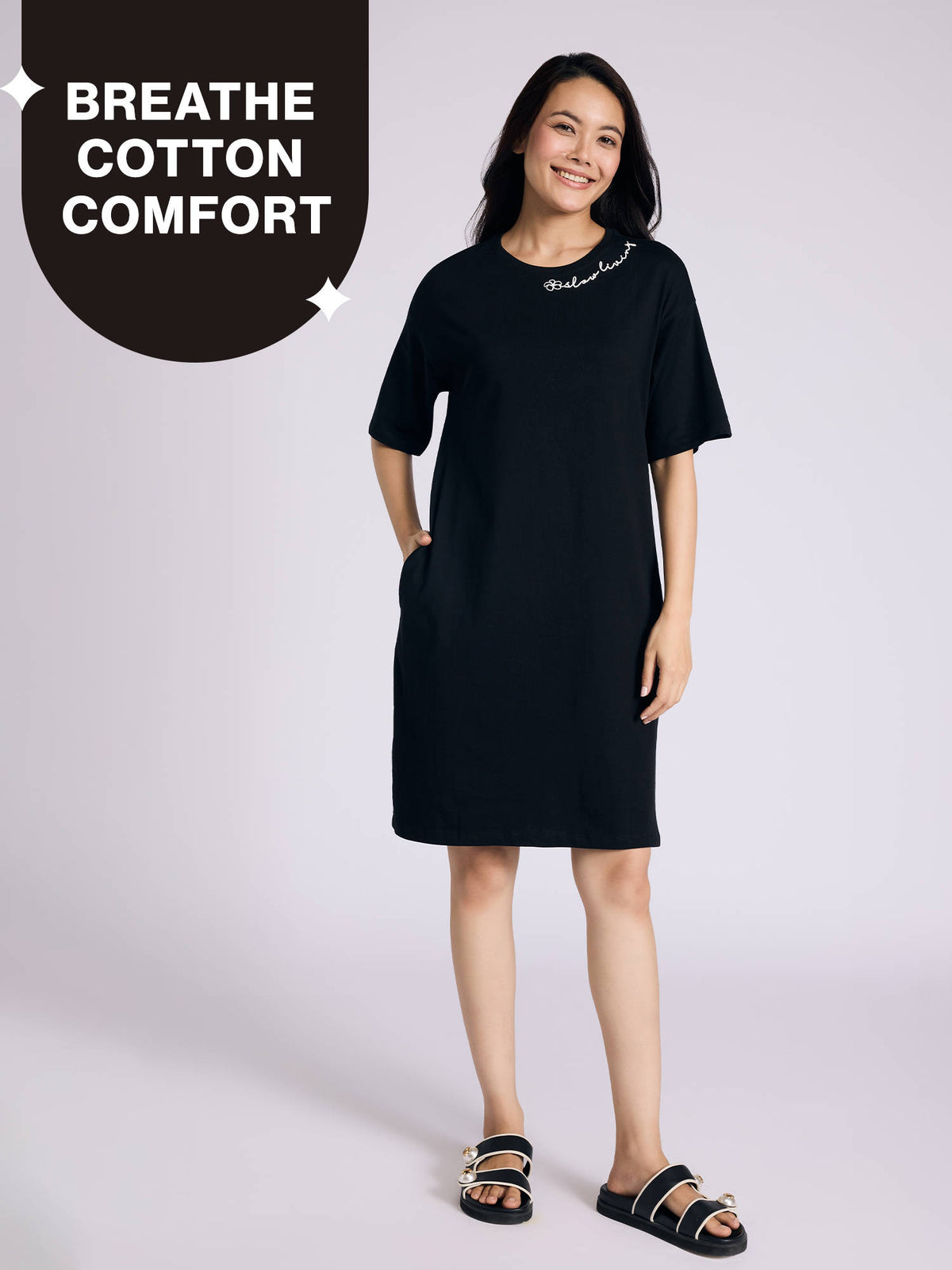 Breathe Cotton Relaxed Sleep Dress With Pockets Nys944 Black | D56 - view 1