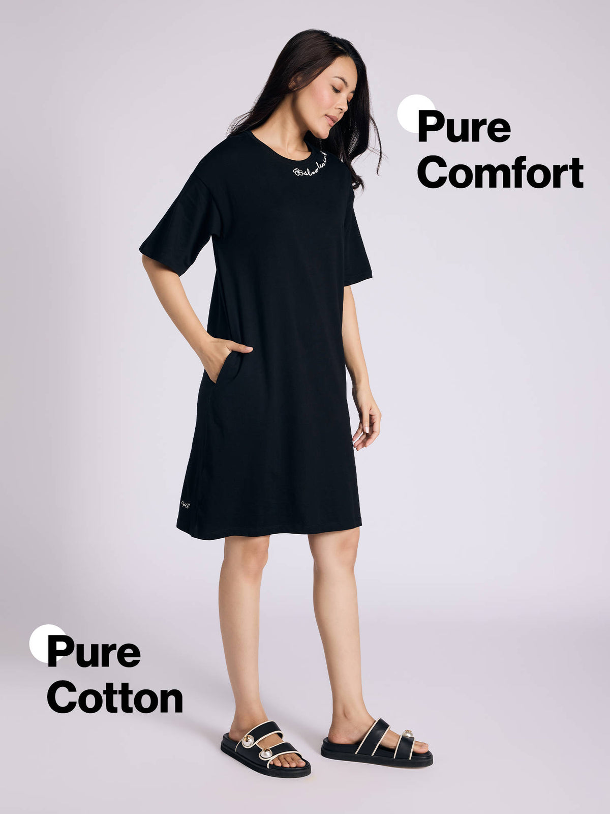 Breathe Cotton Relaxed Sleep Dress With Pockets Nys944 Black | D56 - view 2