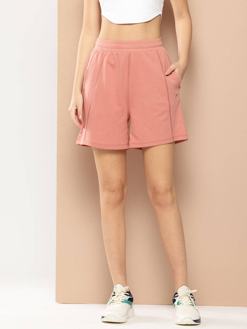 Women Cotton Polyester Regular Fit Athleisure Wear Peach Solid Shorts - view 1