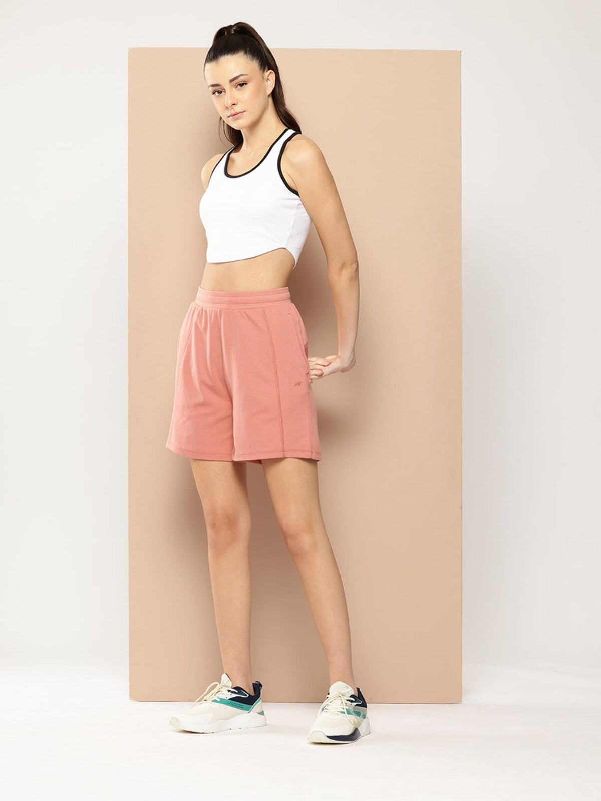 Women Cotton Polyester Regular Fit Athleisure Wear Peach Solid Shorts - view 4