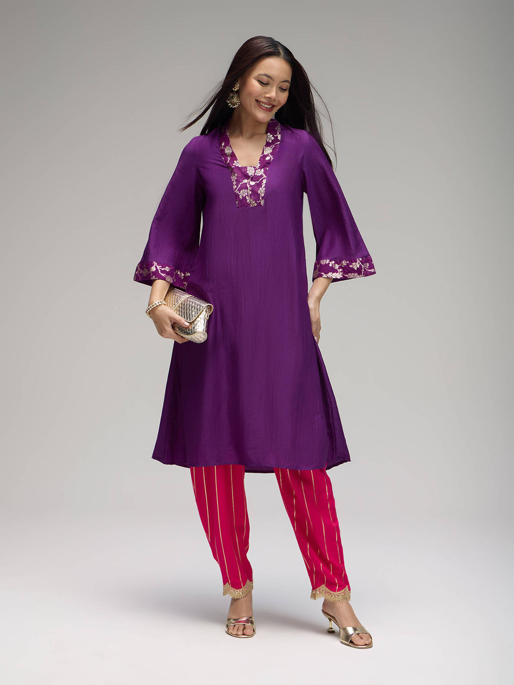 Purple Poly Silk Embellished Kurta Eastern Souk | FY93 - view 1
