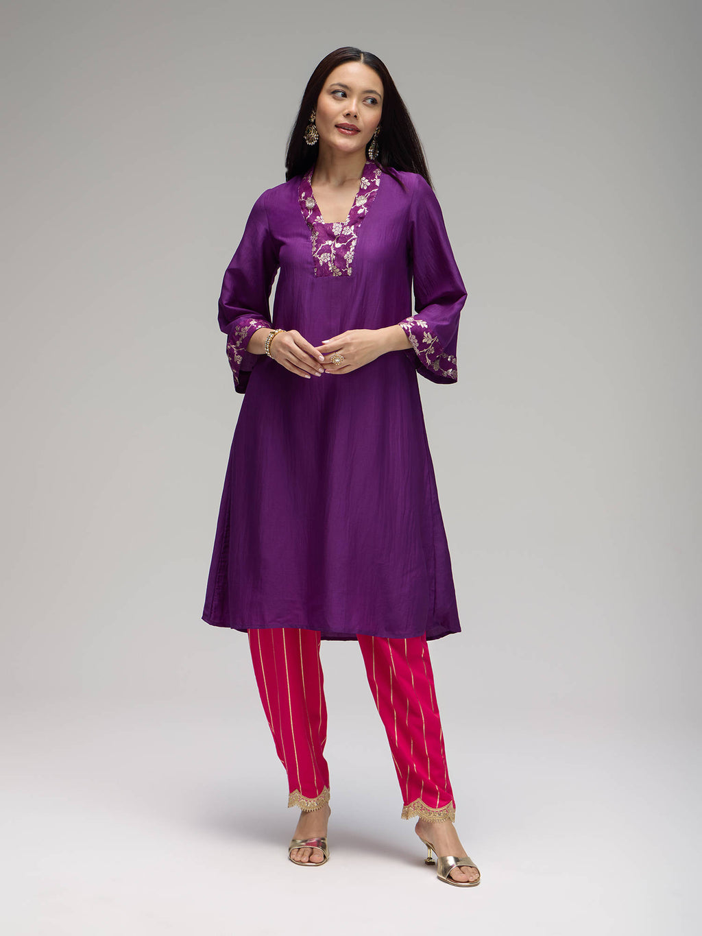 Purple Poly Silk Embellished Kurta Eastern Souk | FY93 - view 2