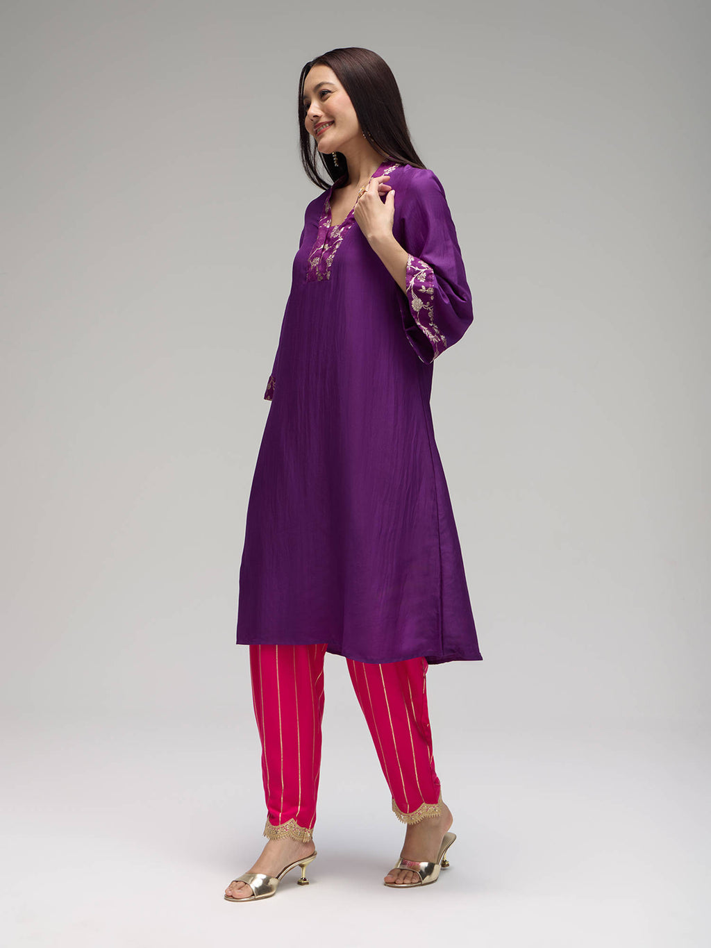 Purple Poly Silk Embellished Kurta Eastern Souk | FY93 - view 3