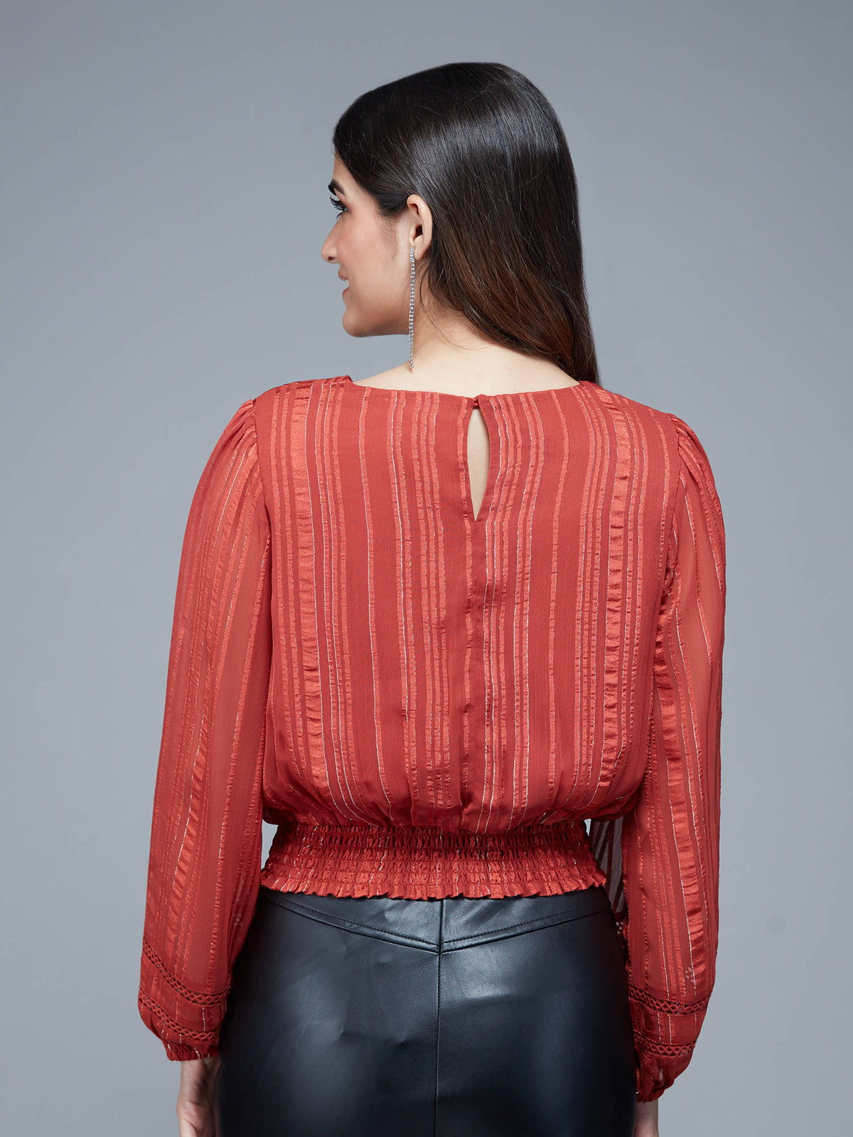 Rust Striped Bishop Sleeves Crop Top | CT61 - view 2
