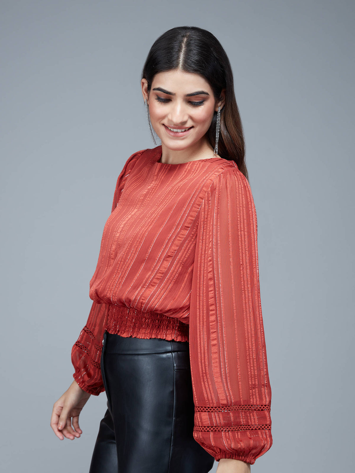 Rust Striped Bishop Sleeves Crop Top | CT61 - view 3