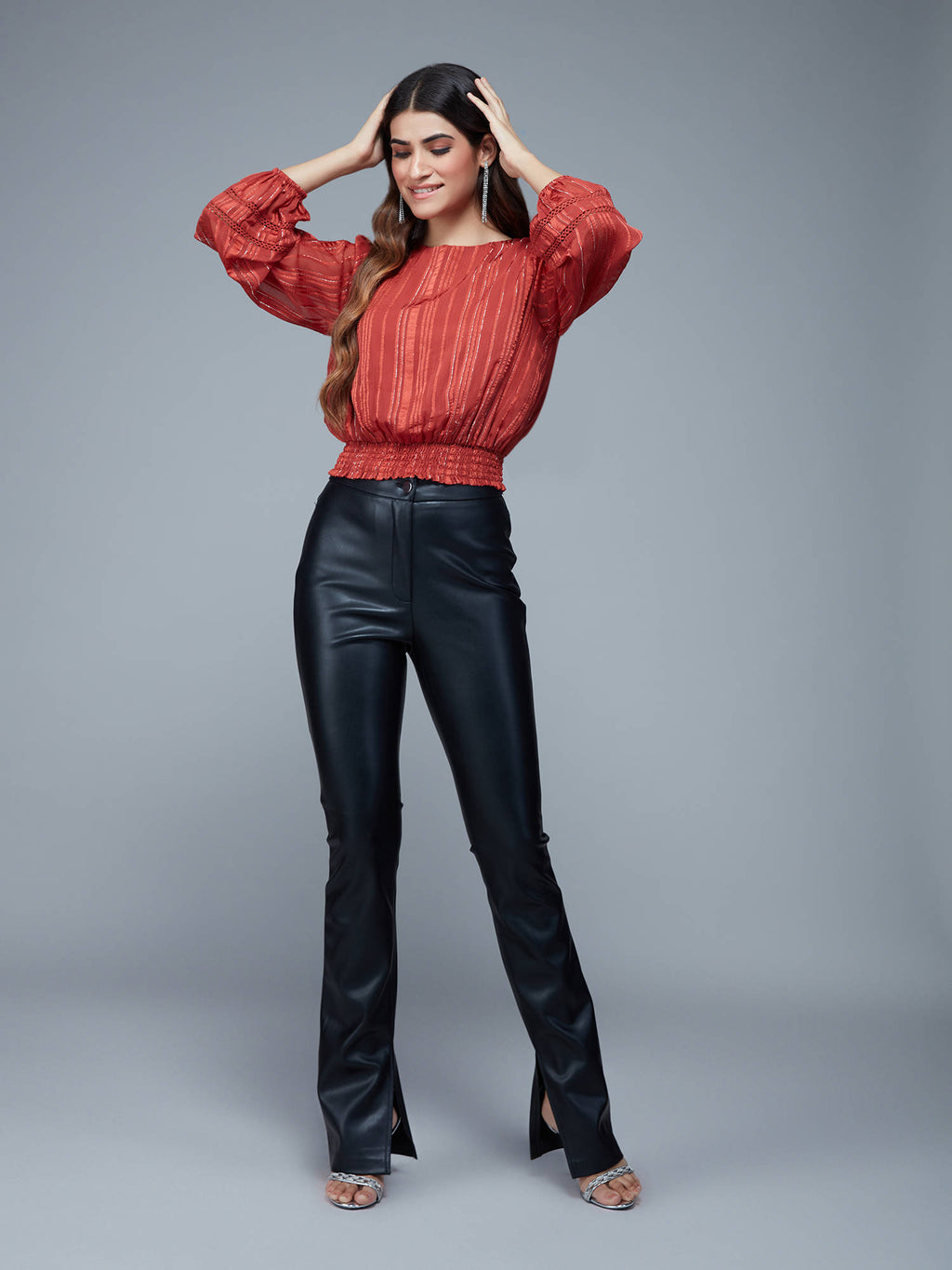 Rust Striped Bishop Sleeves Crop Top | CT61 - view 4