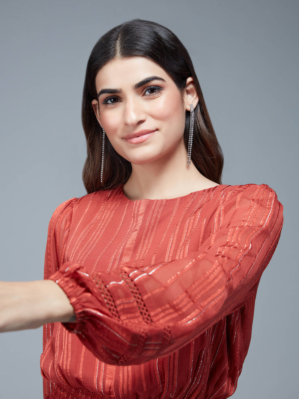 Rust Striped Bishop Sleeves Crop Top | CT61 - view 5
