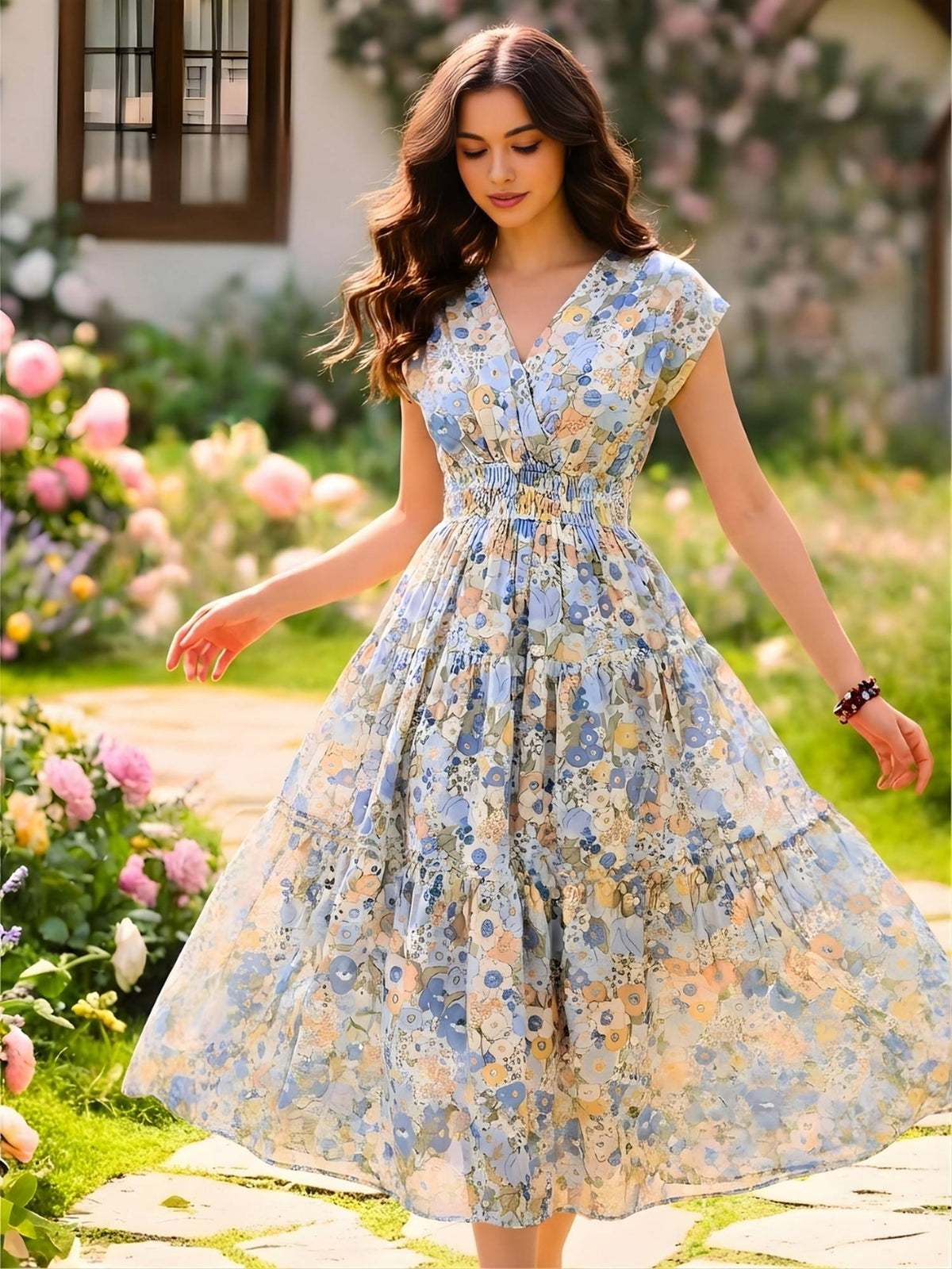 Women Blue Cotton Floral Flared Dress | D56 - view 1