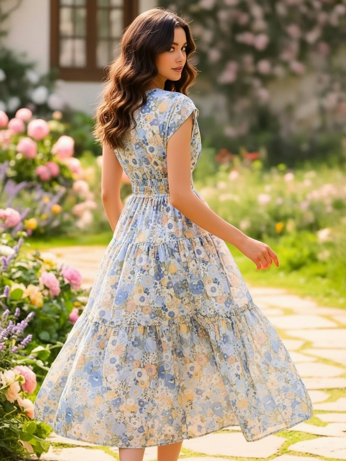 Women Blue Cotton Floral Flared Dress | D56 - view 2