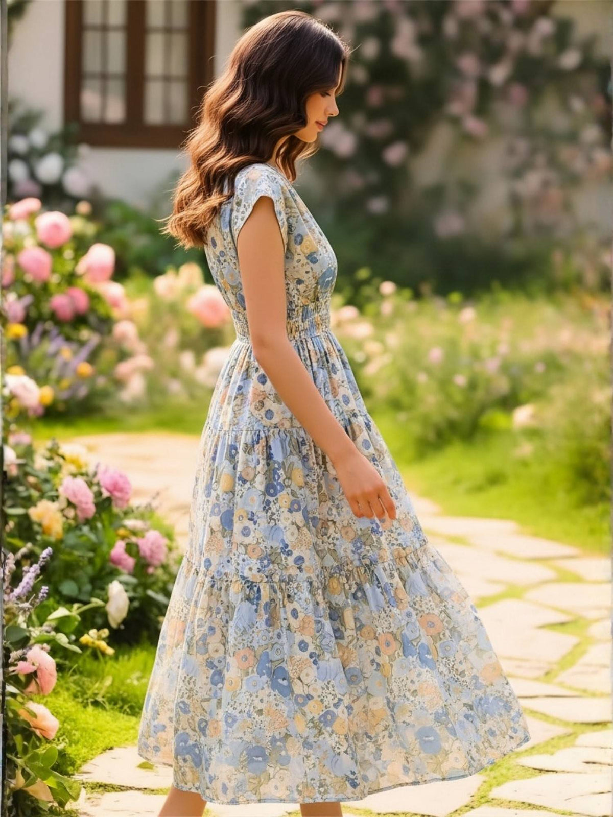 Women Blue Cotton Floral Flared Dress | D56 - view 3