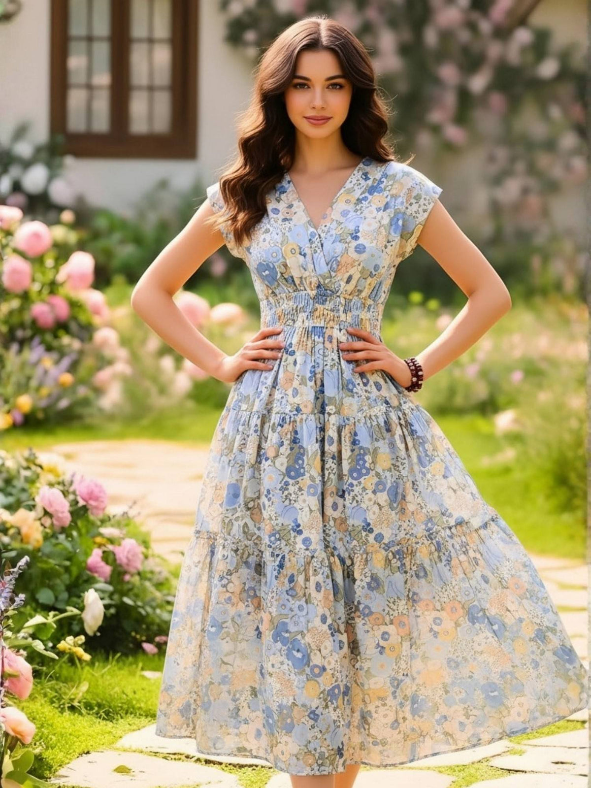 Women Blue Cotton Floral Flared Dress | D56 - view 5