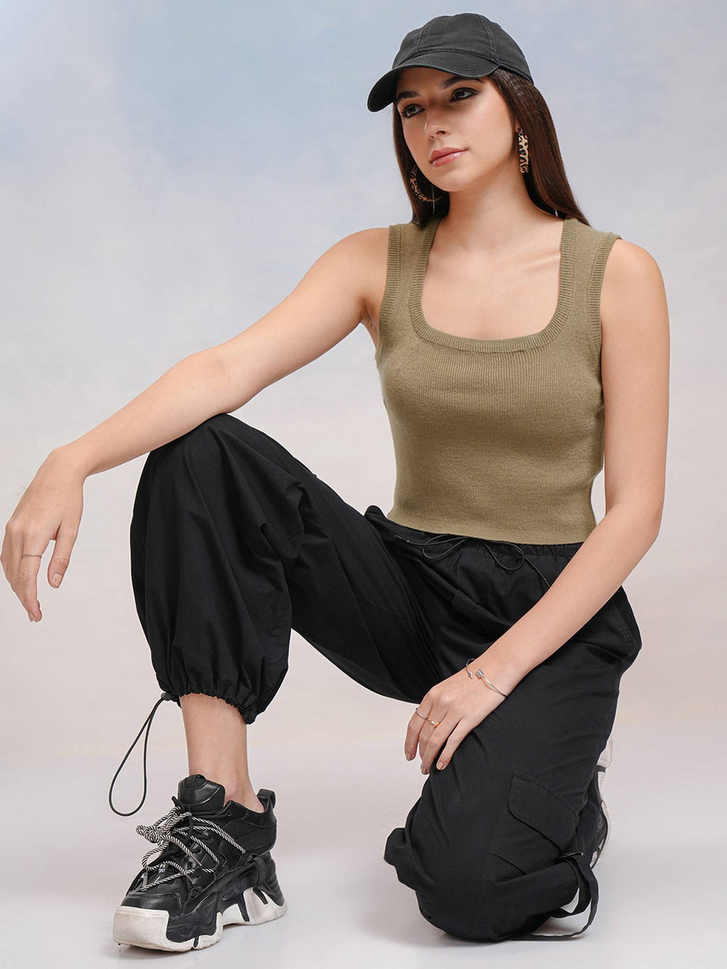 Khaki Square Neck Crop Tank Top | TT98 - view 2