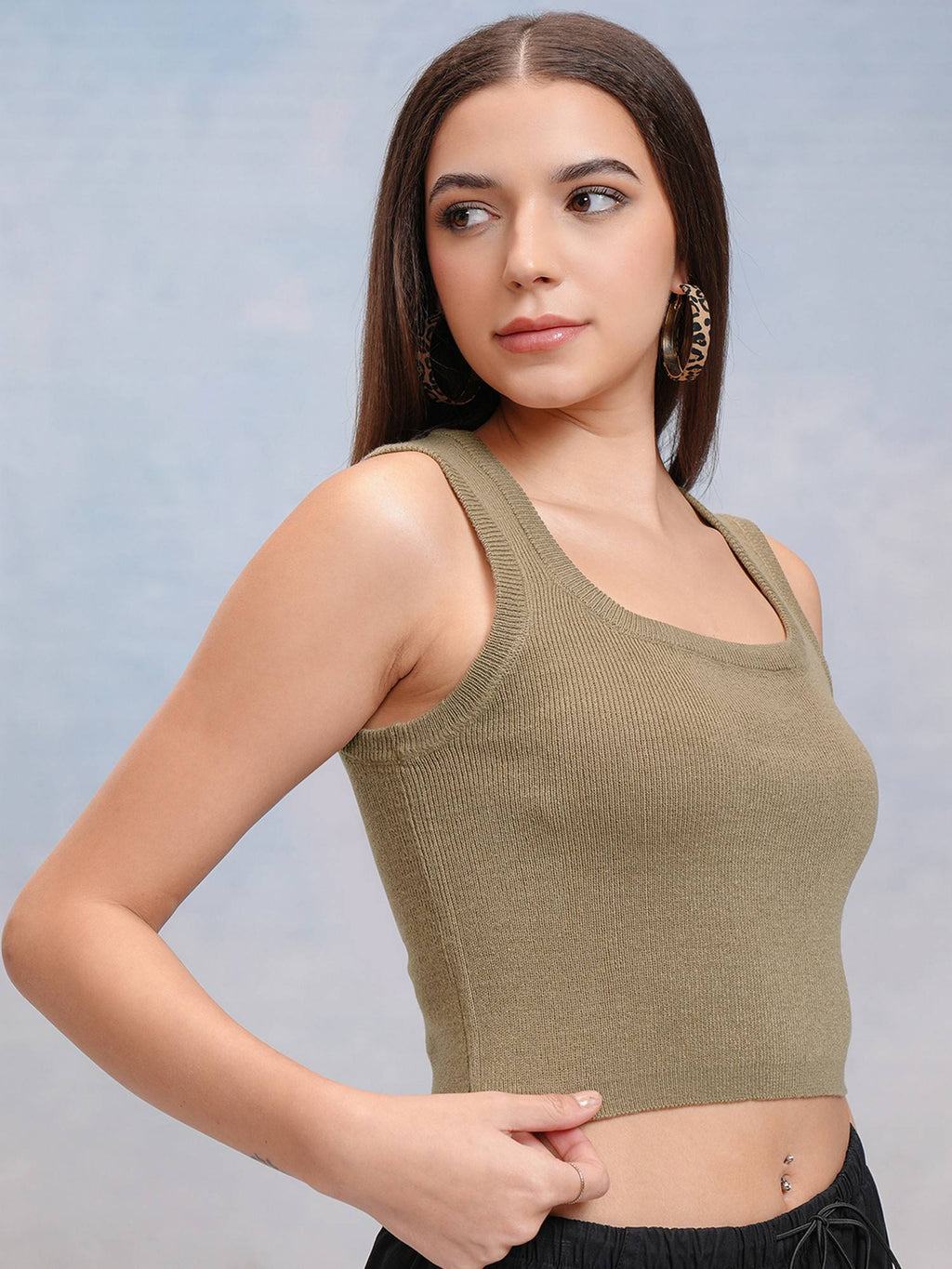 Khaki Square Neck Crop Tank Top | TT98 - view 6