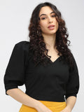 Black Solid Crop Top With Smocking Detail On Back | CT61 - view 1