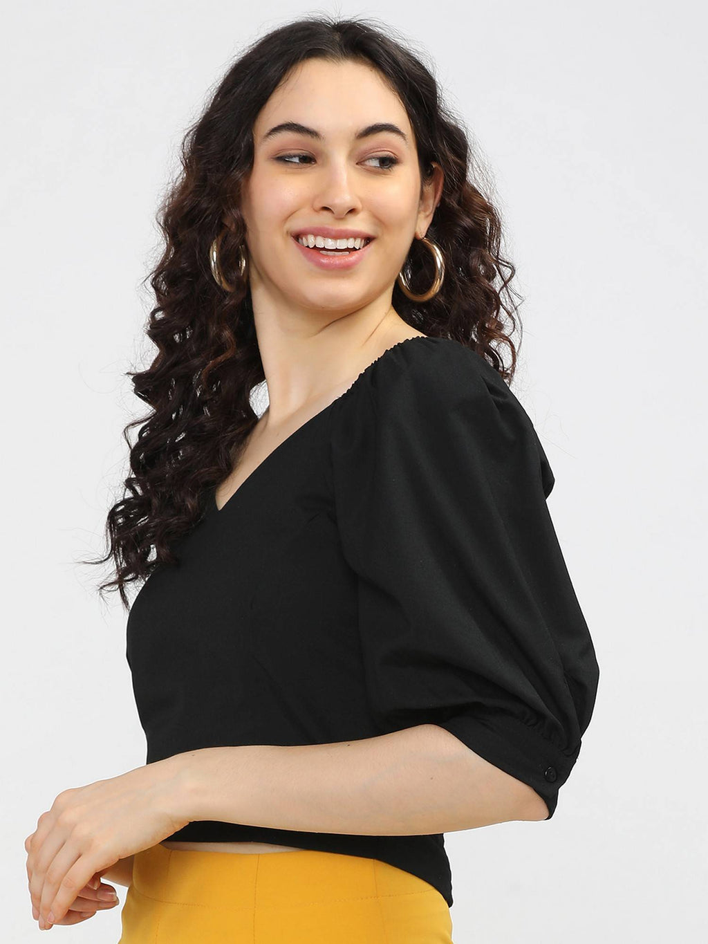 Black Solid Crop Top With Smocking Detail On Back | CT61 - view 2