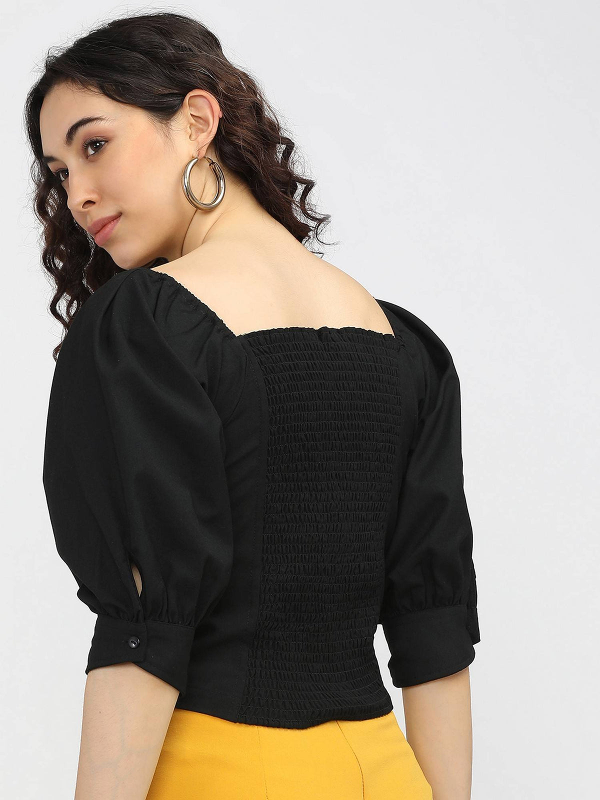 Black Solid Crop Top With Smocking Detail On Back | CT61 - view 3