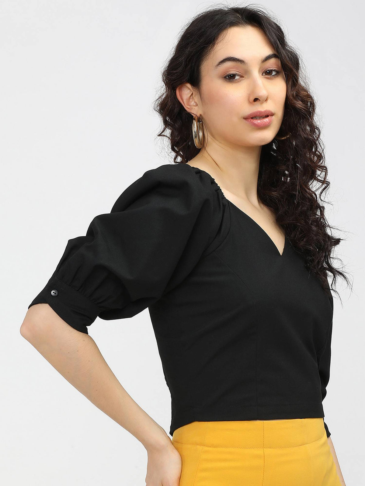 Black Solid Crop Top With Smocking Detail On Back | CT61 - view 6