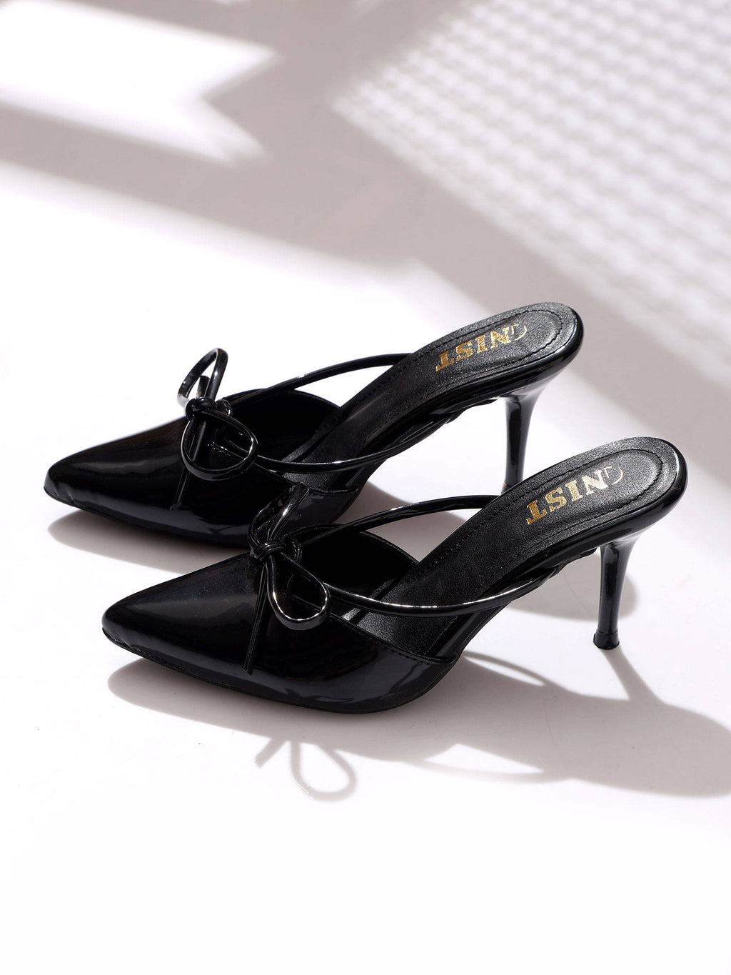 Pointed Bow Black Stiletto Mules Heels | H78 - view 1