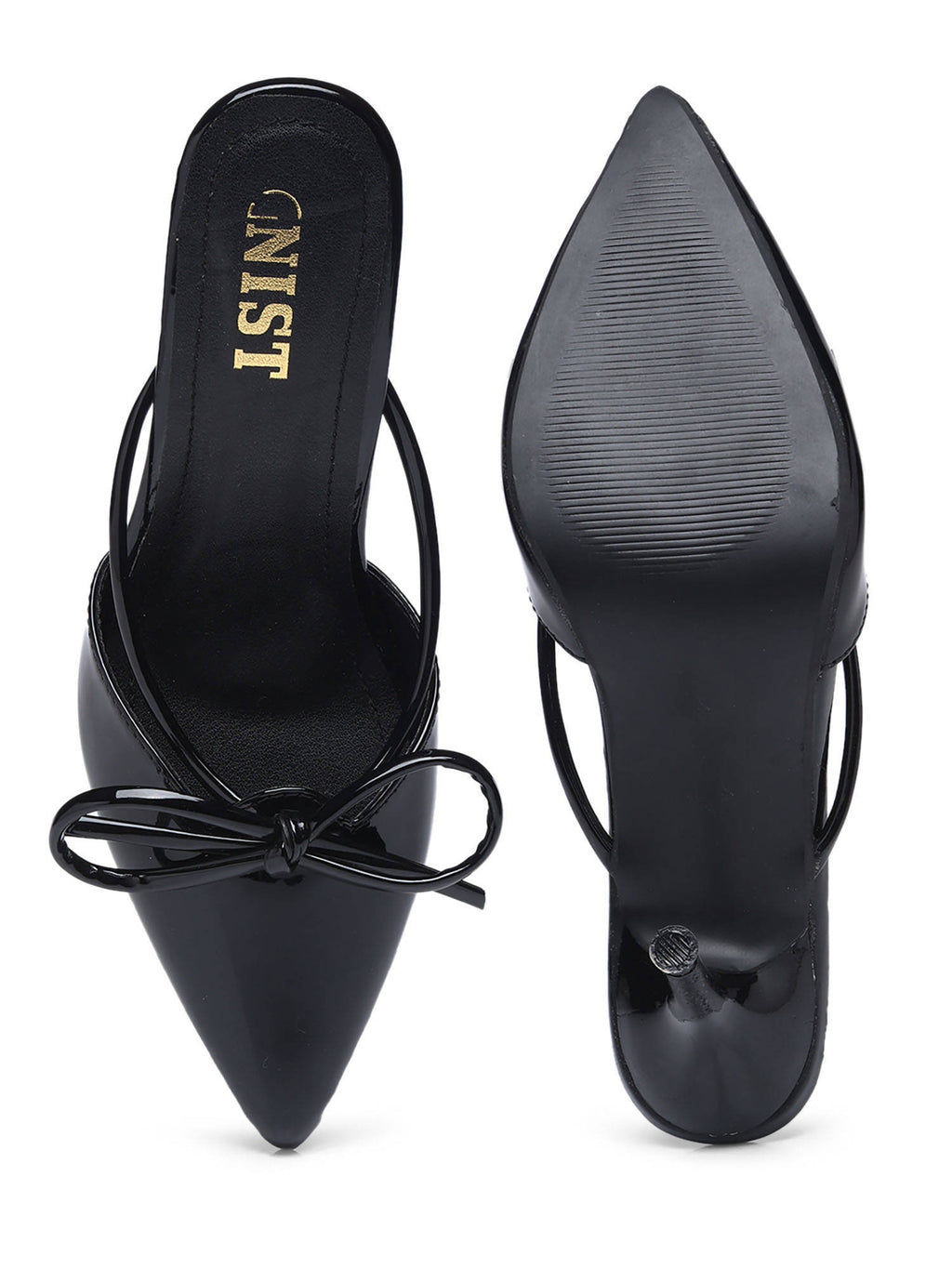 Pointed Bow Black Stiletto Mules Heels | H78 - view 2