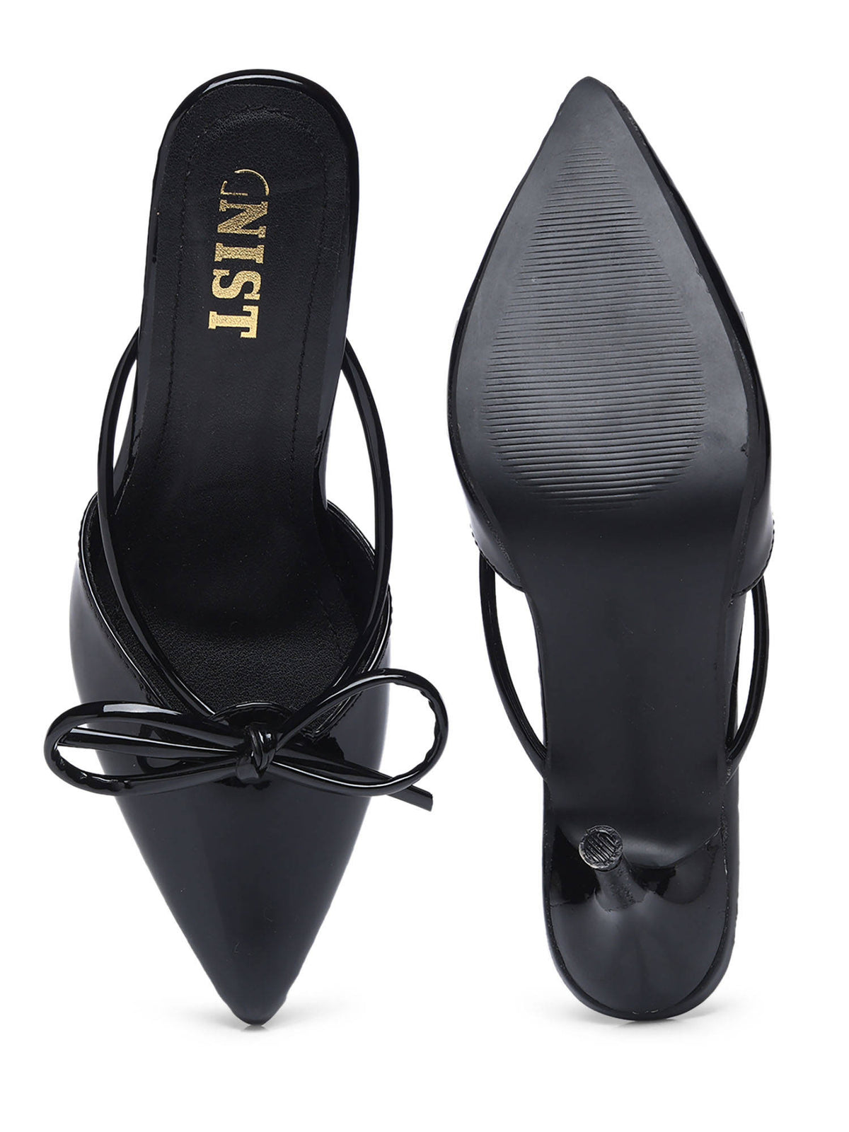 Pointed Bow Black Stiletto Mules Heels | H78 - view 2