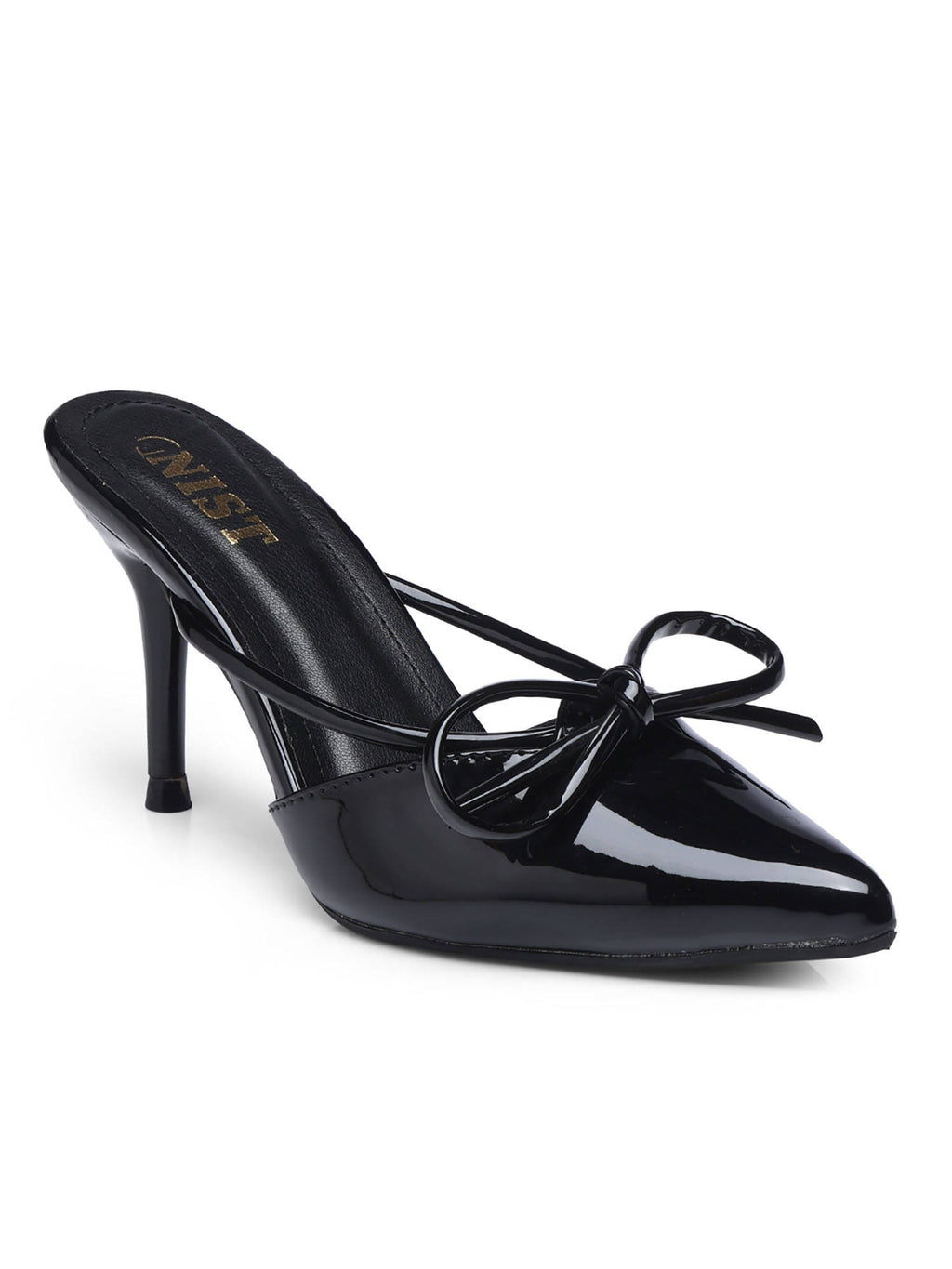 Pointed Bow Black Stiletto Mules Heels | H78 - view 5