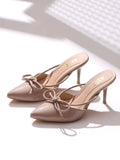 Pointed Bow Nude Stiletto Mules Heels | H78 - view 1