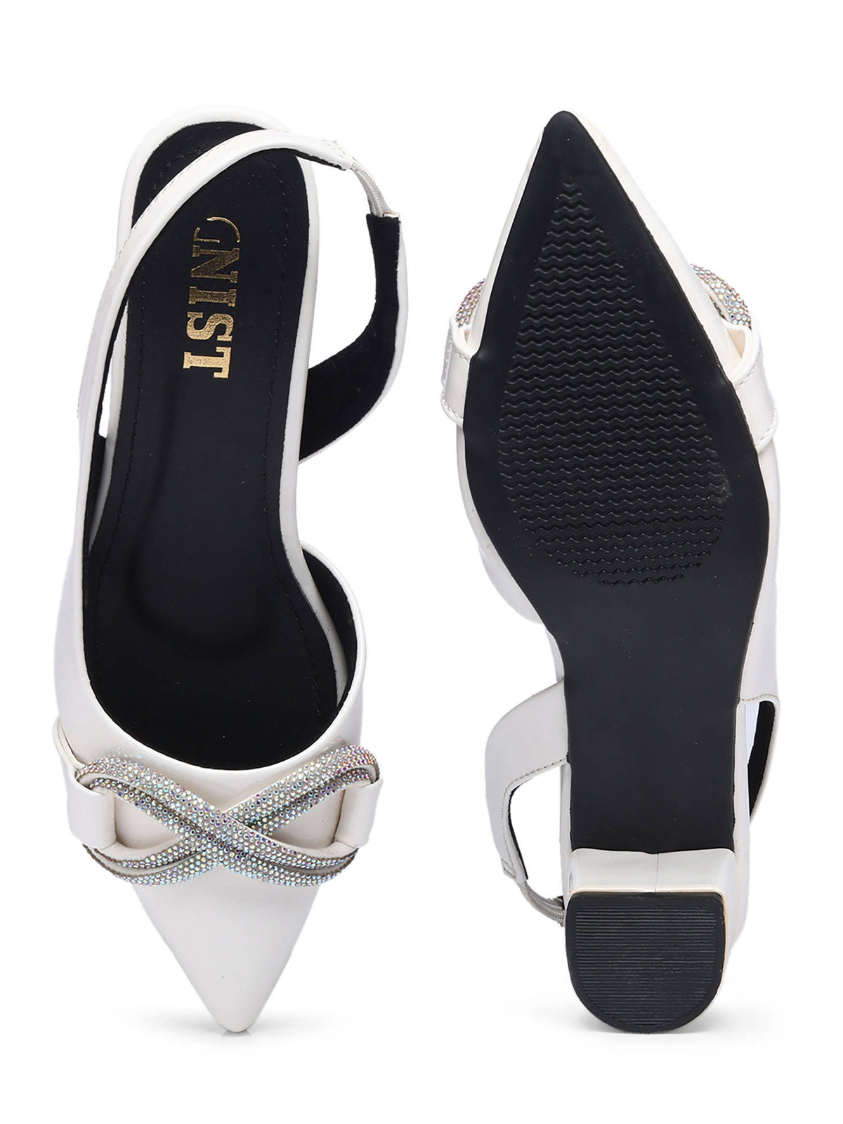 Embellished Pointed White Block Mules Heels | H78 - view 2