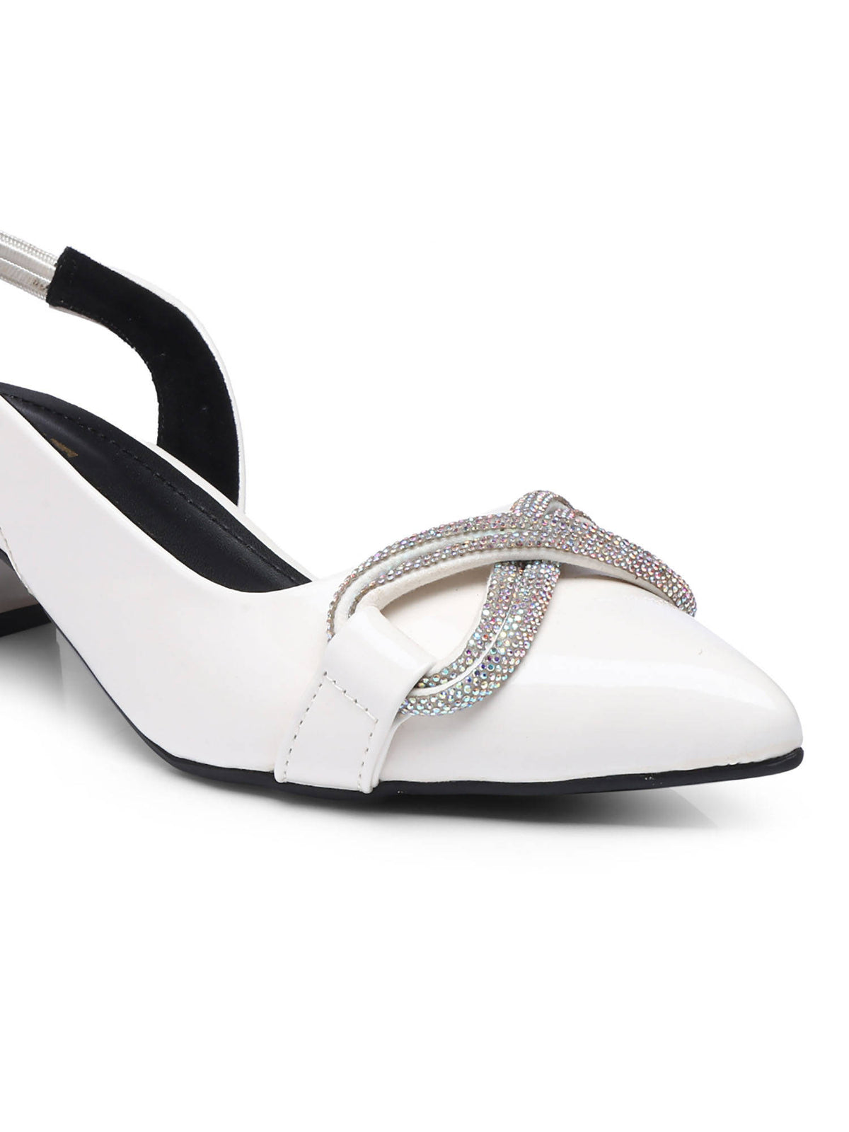 Embellished Pointed White Block Mules Heels | H78 - view 4
