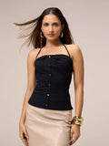 Black Halter Neck Button Detail Regular Top | HT67 - view 1