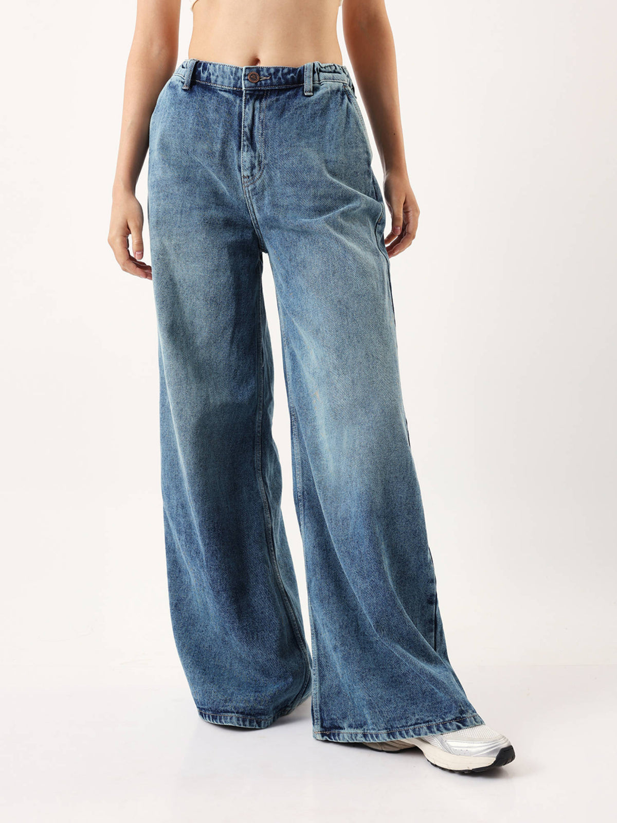 Women Blue Washed Wide Leg High-Rise Straight Jeans | WL90 - view 2