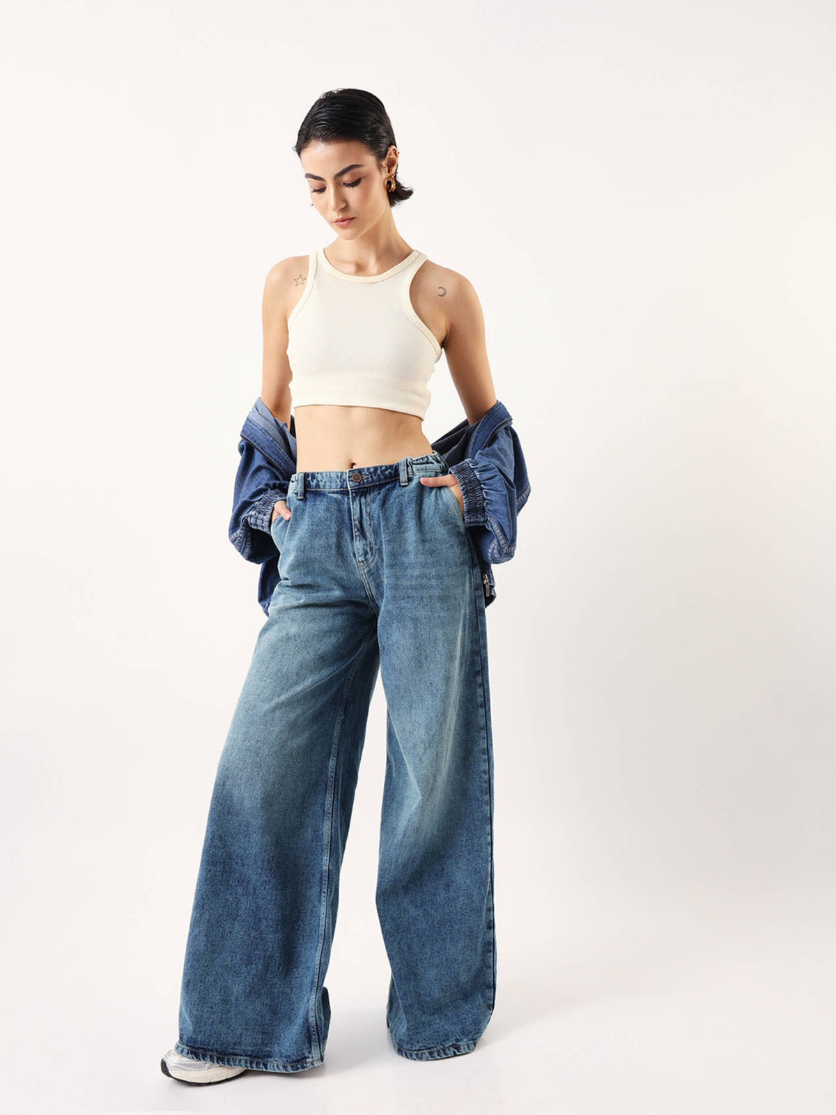 Women Blue Washed Wide Leg High-Rise Straight Jeans | BG78 - view 5
