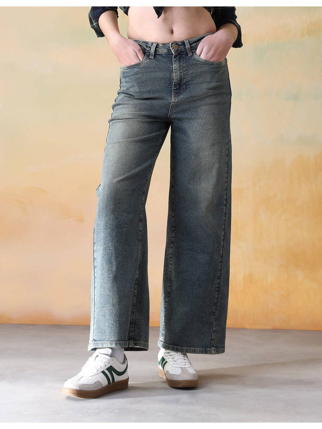 Women Blue Cotton Solid Wide Jeans | WL90 - view 1