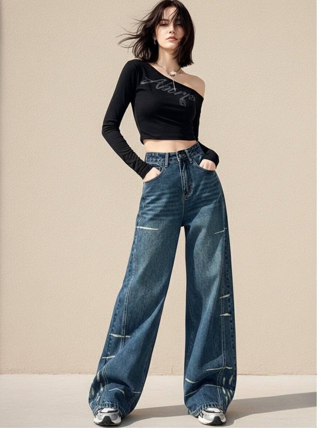 Women Blue Polyester Solid Wide Jeans | WL90 - view 2
