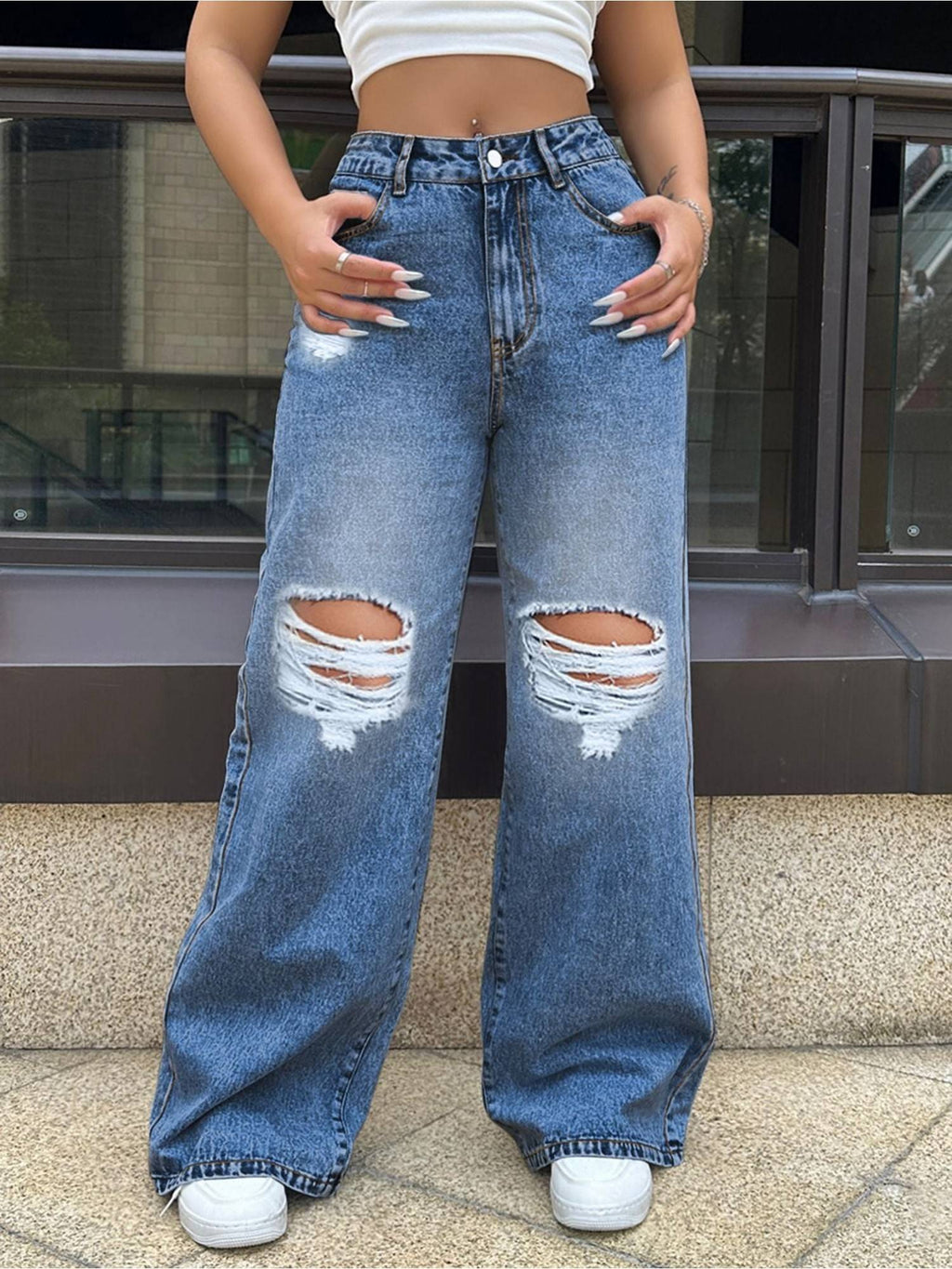 Women Blue Polyester Solid Wide Jeans | BG78 - view 1