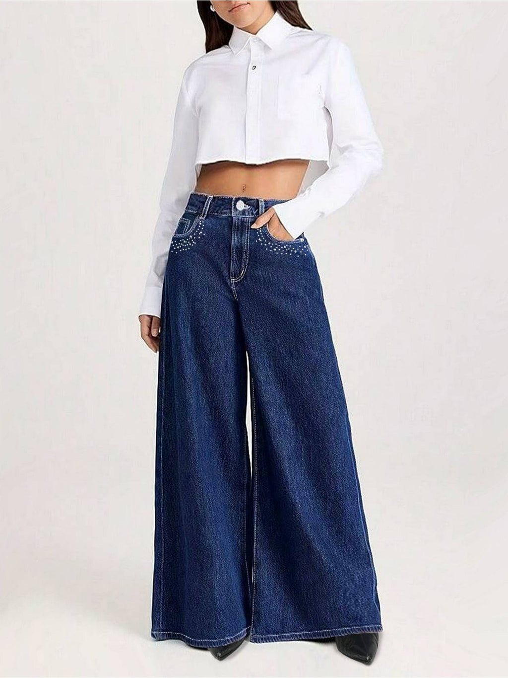Women Navy Blue Polyester Solid Wide Jeans | WL90 - view 1