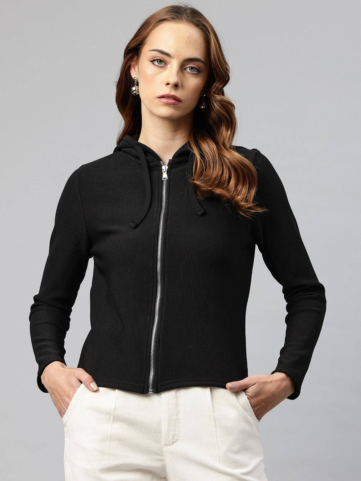 Women Beige Ribbed Hooded Sweatshirt | SS90 - view 7