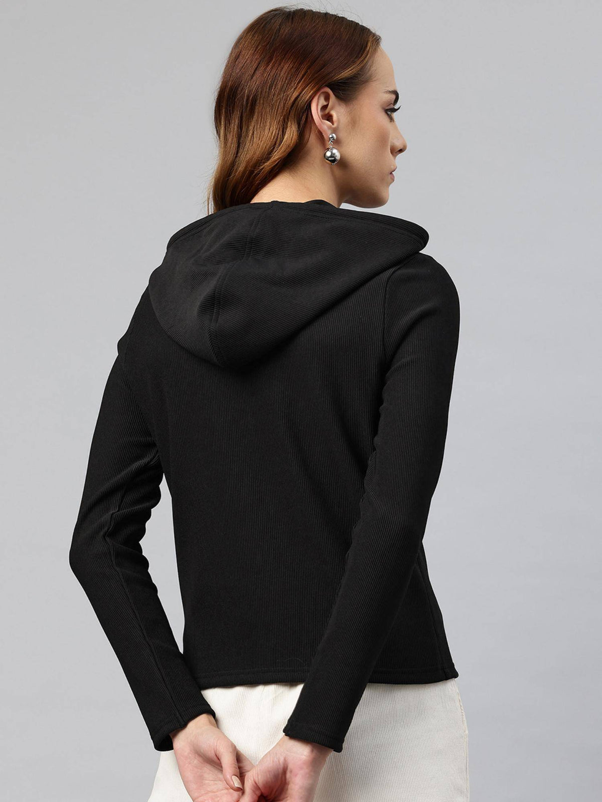 Women Beige Ribbed Hooded Sweatshirt | SS90 - view 8