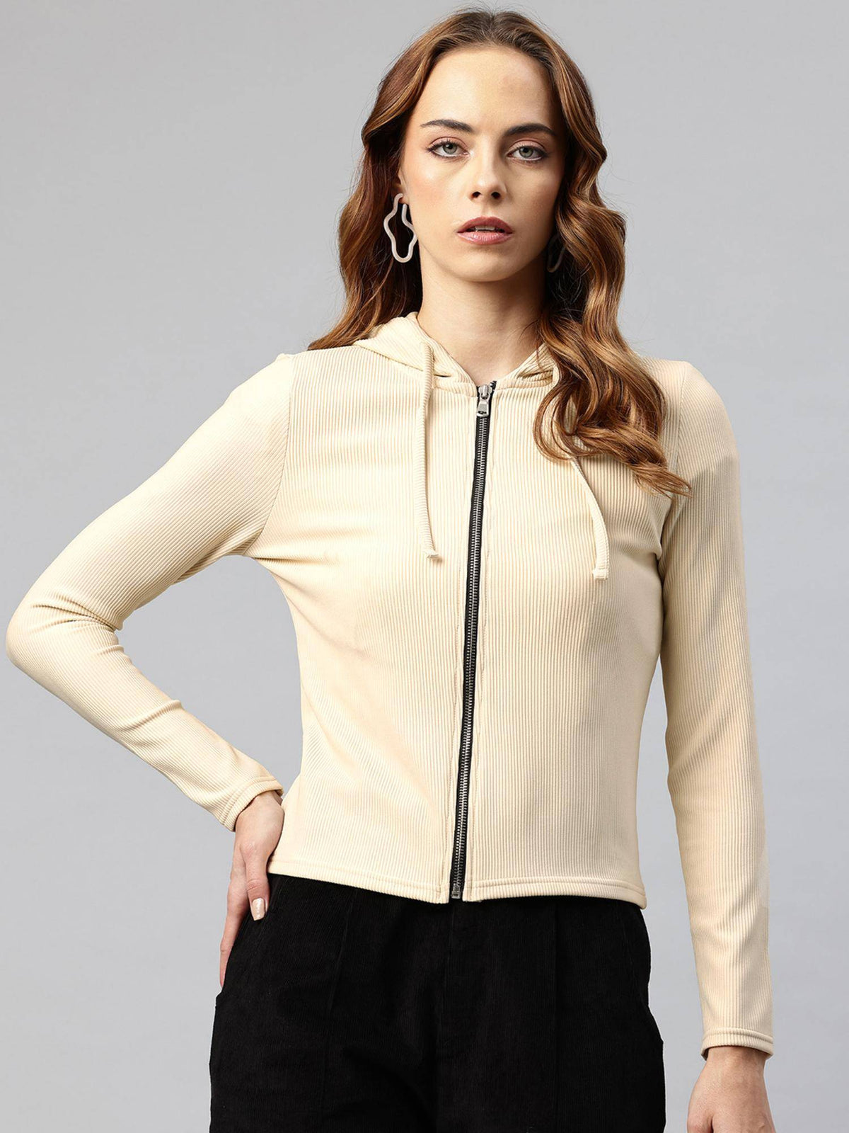 Women Beige Ribbed Hooded Sweatshirt | SS90 - view 1