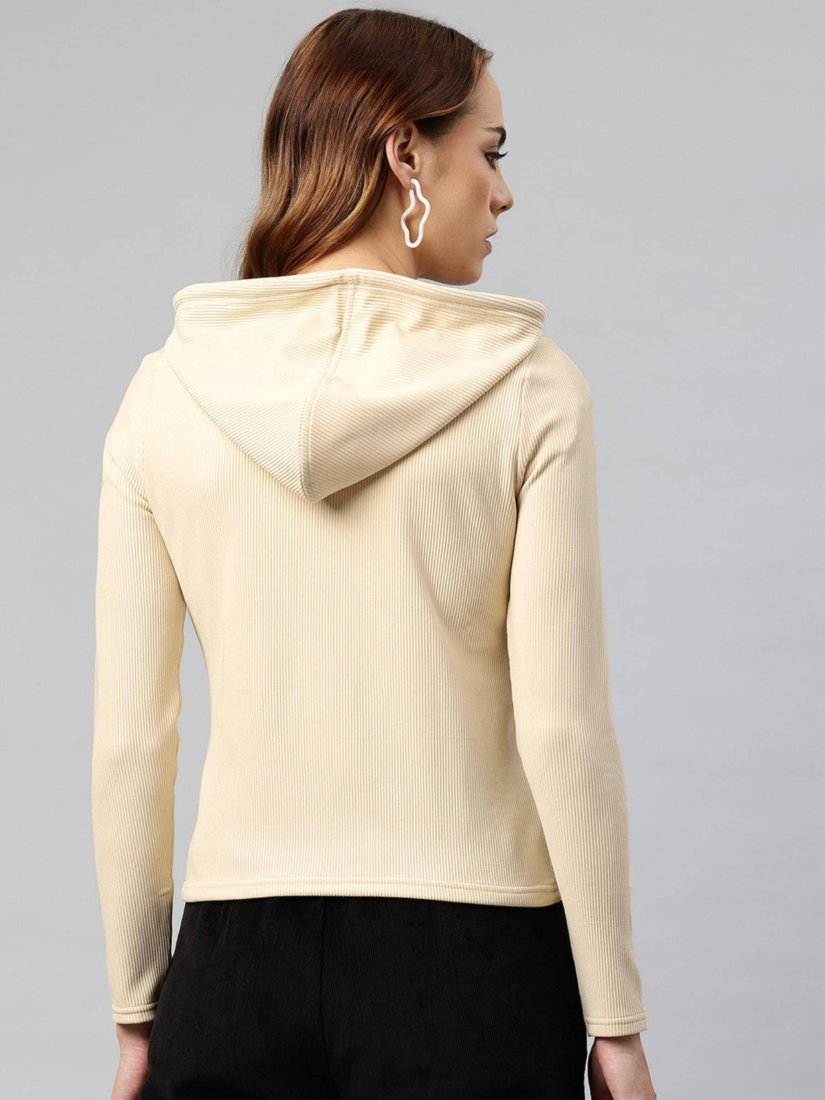 Women Beige Ribbed Hooded Sweatshirt | SS90 - view 2