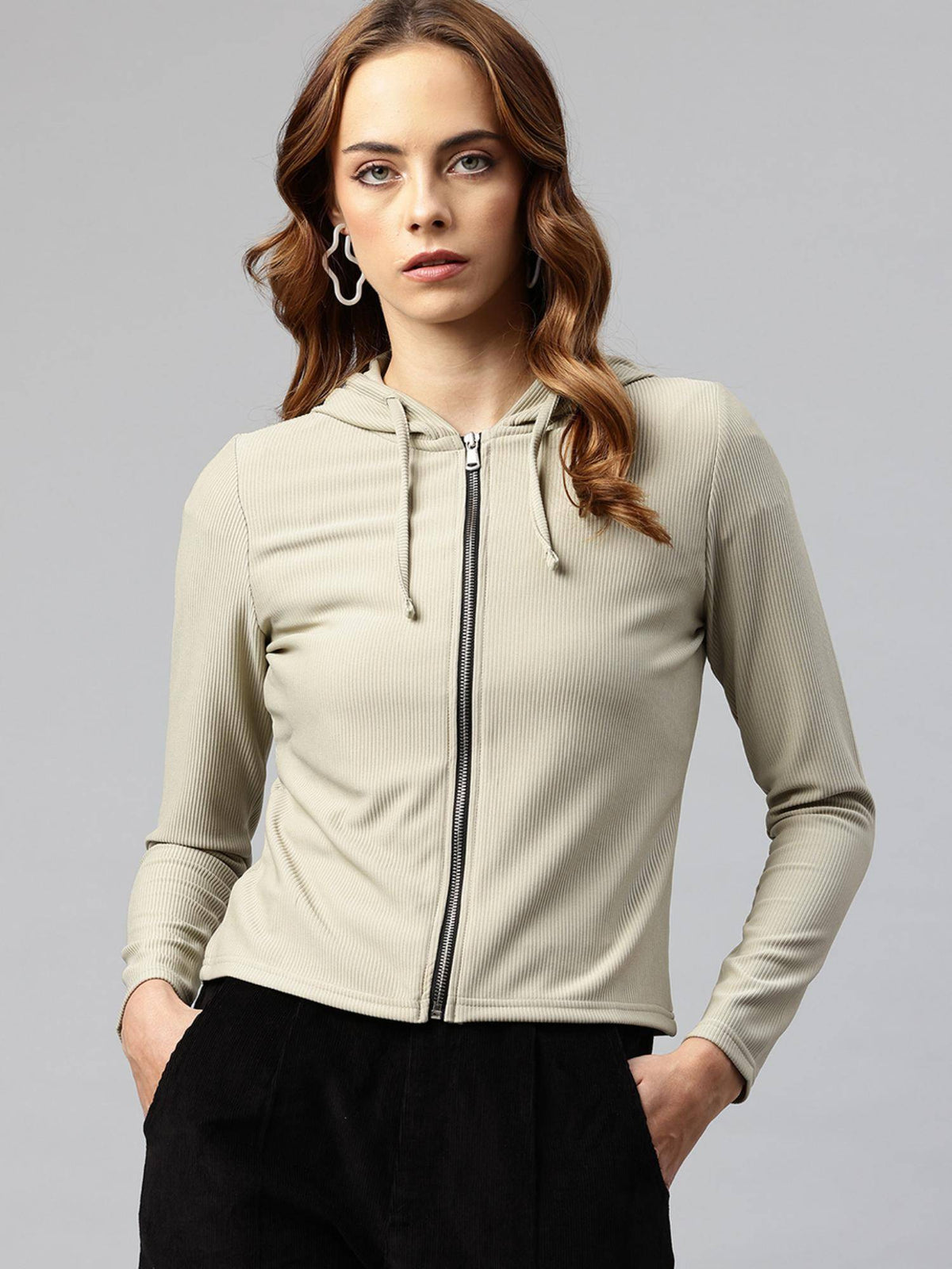 Women Beige Ribbed Hooded Sweatshirt | SS90 - view 3